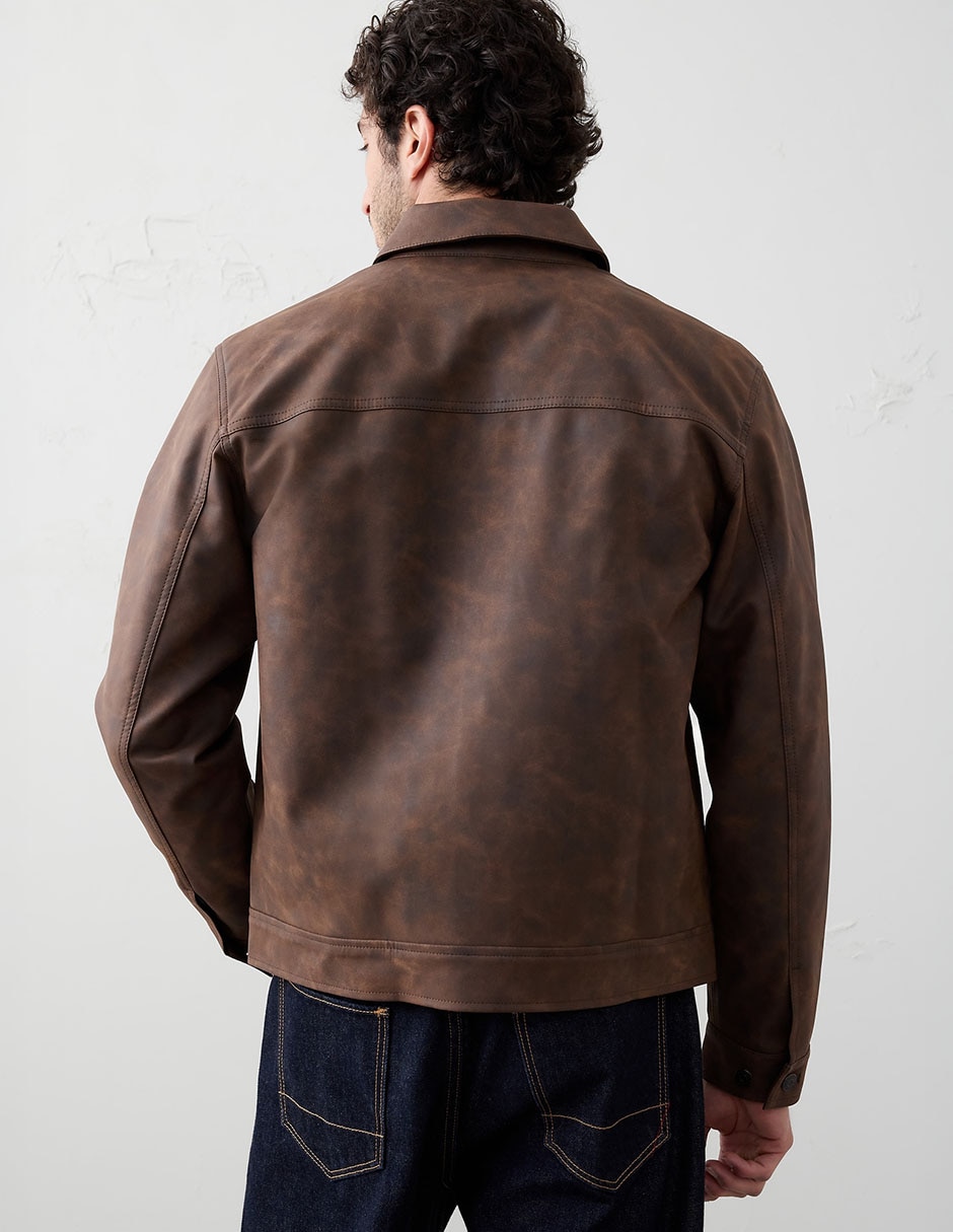 Chamarra casual de piel vegana con bolsillos para hombre