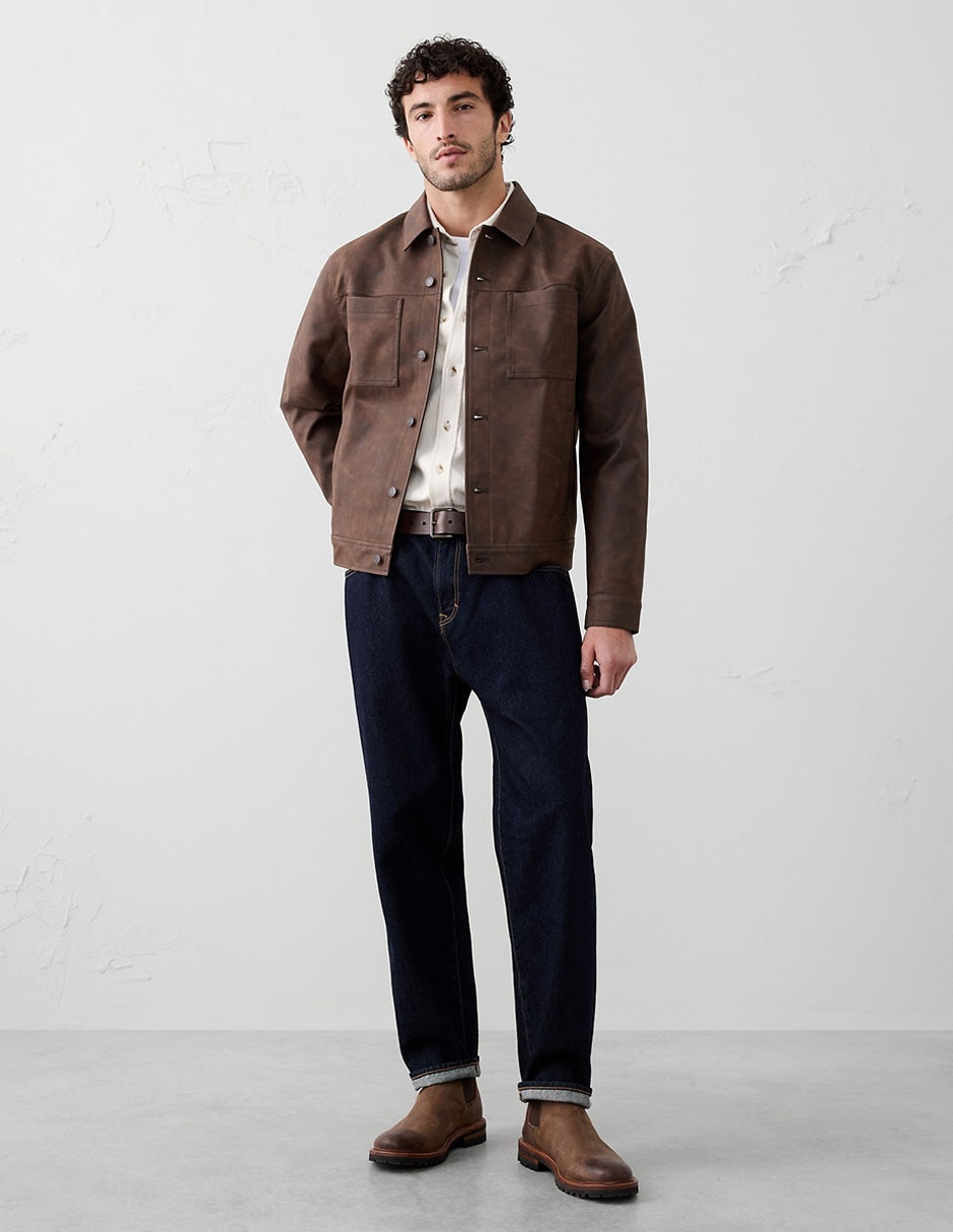 Chamarra casual de piel vegana con bolsillos para hombre